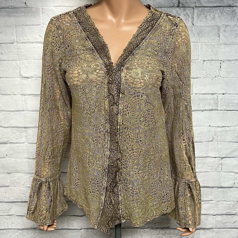Earthbound Trading Cardigan Large Brown Crochet Bell Sleeve Tie Front Boho Fairy
